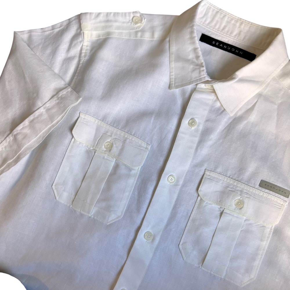 Sean John Linen Blend Short Sleeve Button Down Utility Shirt Pockets Size Large